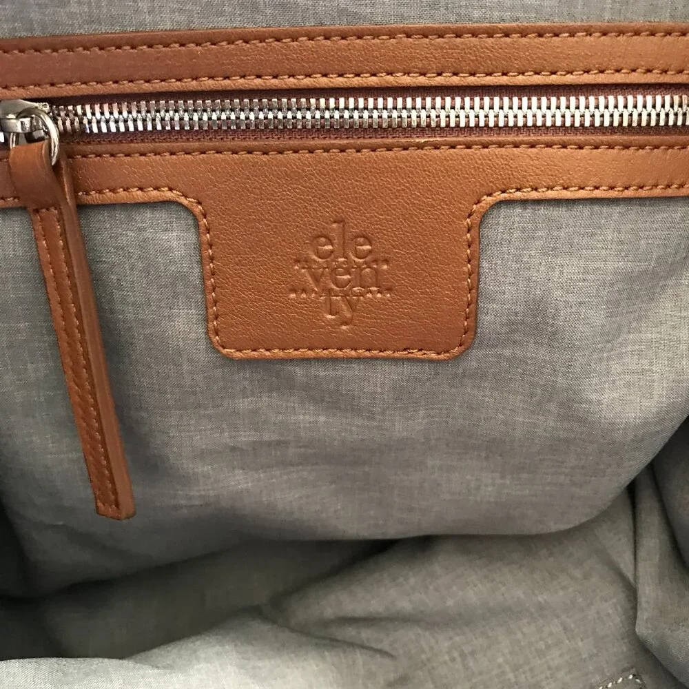 Eleventy Canvas Leather Travel Tote Bag Mens Navy Blue Brown Commuter Top Zipper